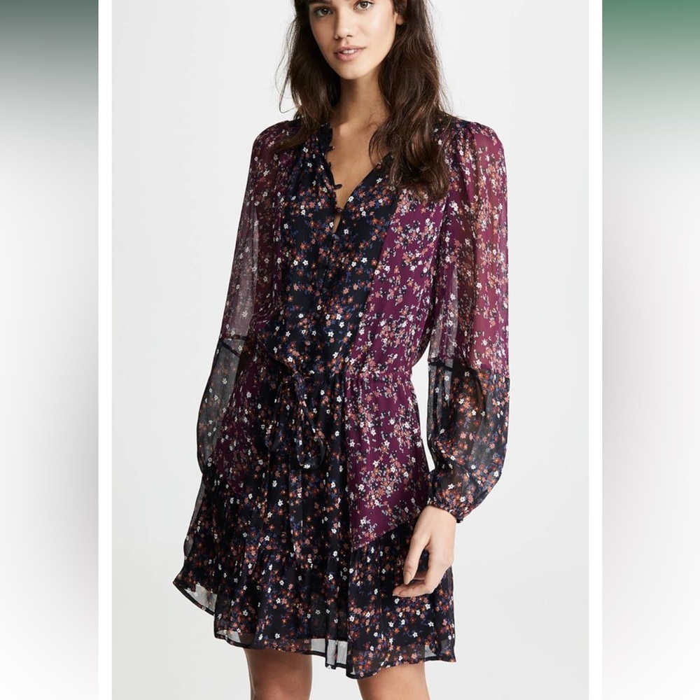 Paige Sonoma Floral-print Frilled-neck Silk Dress In Burgundy Purple / Black